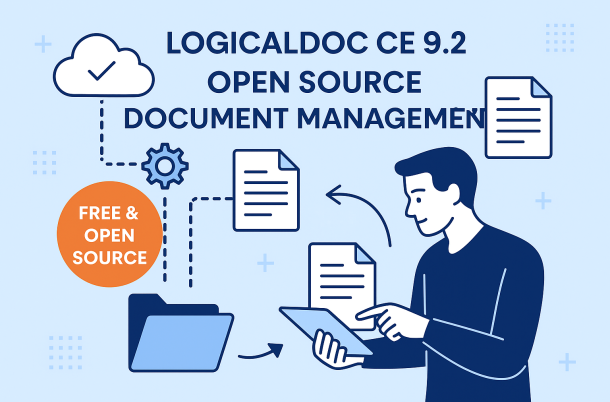 LogicalDOC Community Edition 9.2 a free and open-source document management system. Features icons of documents, cloud storage, and workflow arrows, with a person using a tablet to manage files